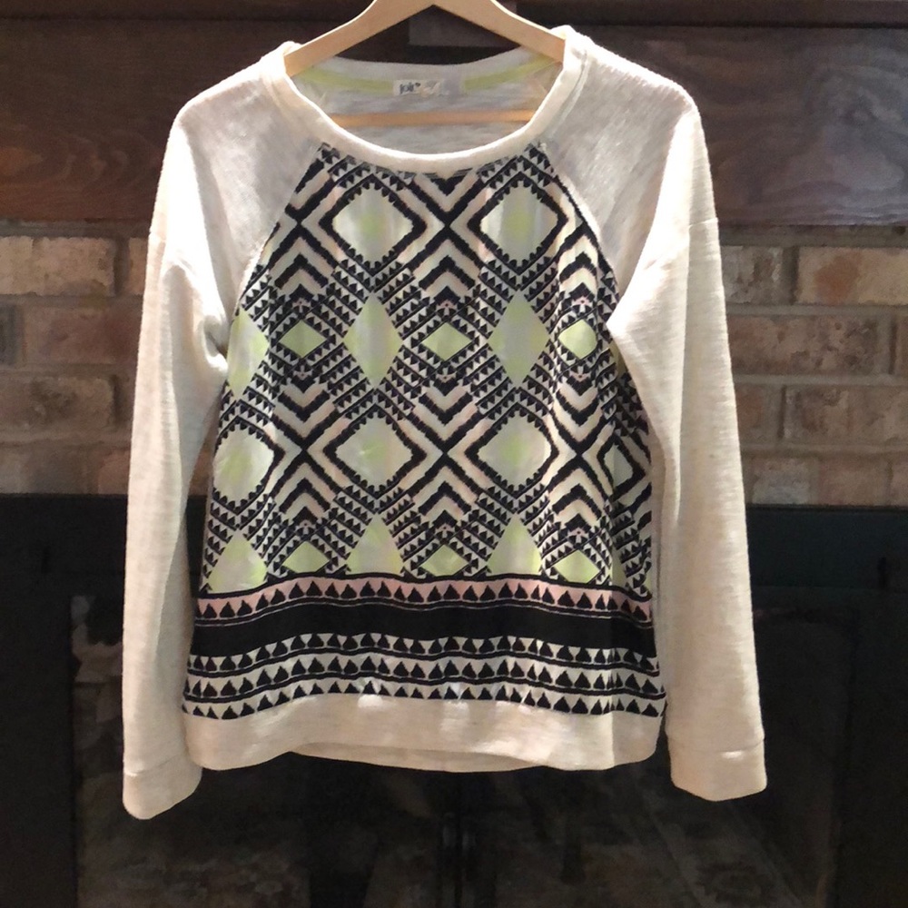 Geometric pullover, chartreuse + pink, women's size large